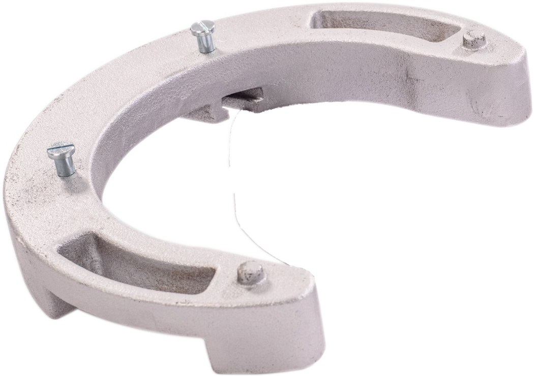 A crescent-shaped, horseshoe-like cast metal piece in matte silver-gray photographed on a white background. The solid component has a rough, textured surface, three small metal pins or rivets protruding from the top and rectangular recesses near the ends. It appears industrial, possibly a counterweight or mounting bracket, with rounded edges and an open semicircular inner curve.