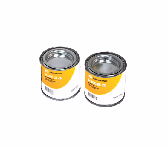 PALLMANN_dummy_MAGIC-OIL-2K-COLOR-TESTER Two small metal cans of the Pallmann product 'Magic Oil 2K' with yellow-and-white labels on a white background; cylindrical tins for wood oil, labels and barcodes visible, one can slightly in front of the other.